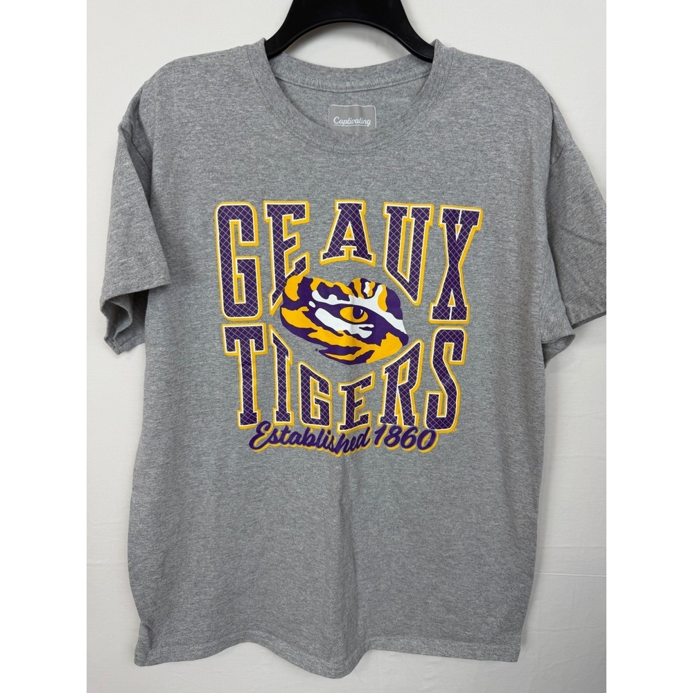 Captivating Men Cotton Blend LSU Tigers T-Shirt L Gray Geaux Tigers Graphic Tee